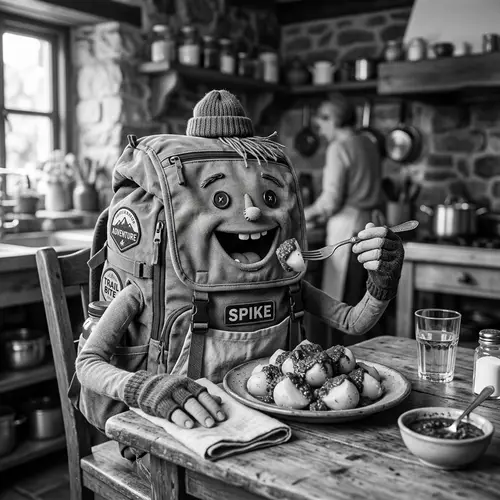 Backpack Eating Boiled Potatoes with Spicy Mojo Picon Sauce