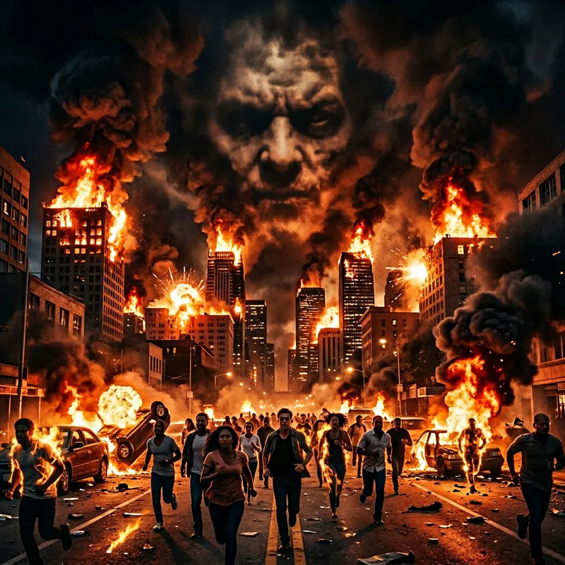 Apocalyptic City Fire: Chaos, Explosions, and Running People Apocalyptic City Fire: Chaos, Explosions, and Running People