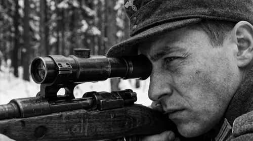 1940s German Sniper Close-Up - Gritty Black & White Photo