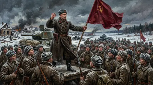 Soviet Commissar Inspires Soldiers in 1941