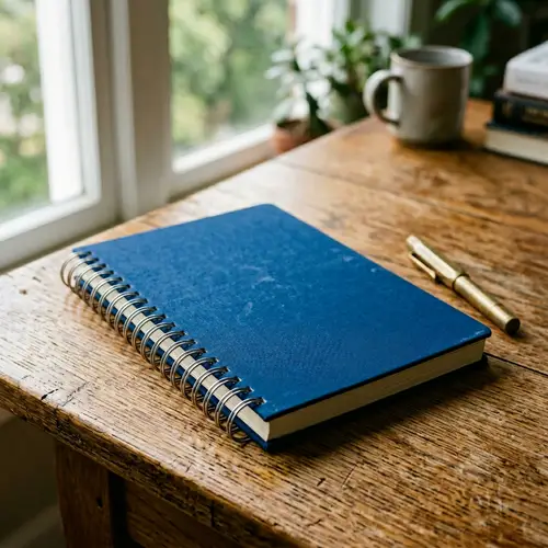 Blue Spiral Notebook on Wooden Desk