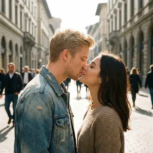 Young Couple Sharing Loving Kiss on Sunny Street | Adoration Moment