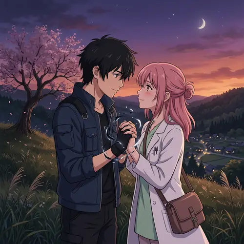 Anime Style Black-haired Male & Pink-haired Female Embrace Scene