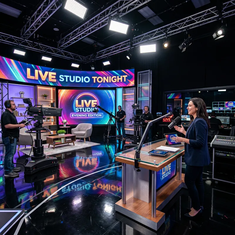 Vibrant TV Show Studio Setting with Large Screen Display