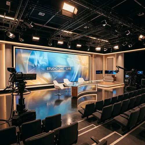 Modern TV Show Studio Environment with Large HD Screen
