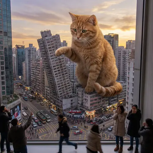 Adorable Giant Cat Playfully Swatting Skyscrapers in City