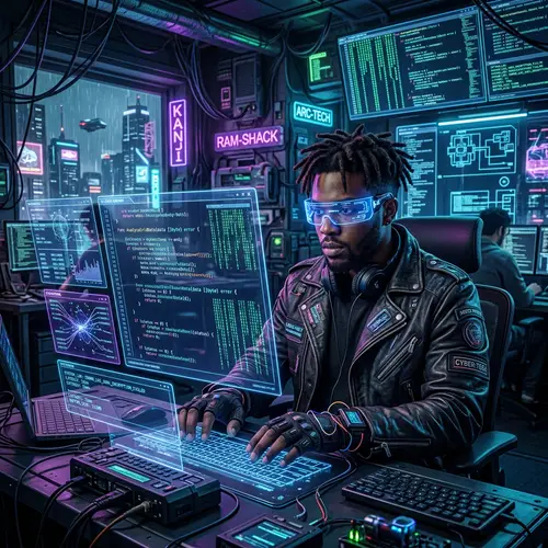 Cyberpunk Style African-American Software Developer Coding in High-Tech Office