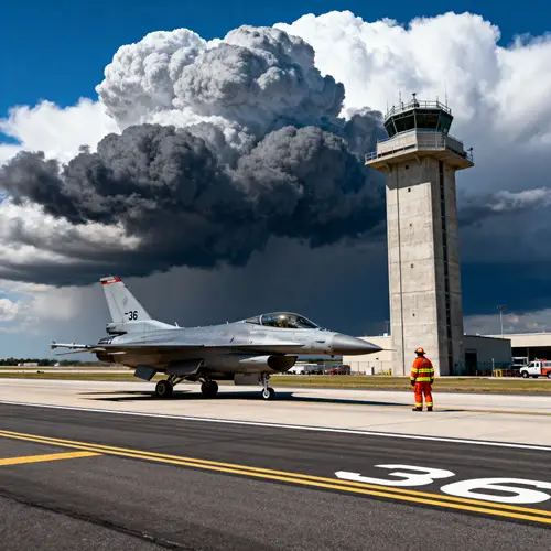Air Traffic Control Tower with F-16 and Cumulonimbus Cloud