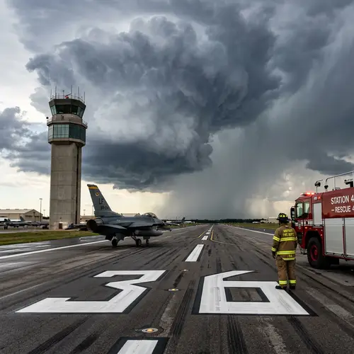 Air Traffic Control Tower with F-16 and Cumulonimbus Cloud