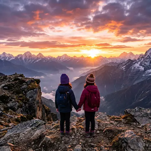 5-Year-Old South Asian Girls Admiring Majestic Mountain Sunrise