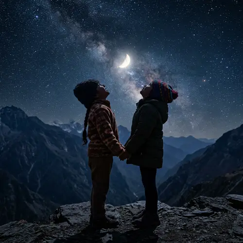 South Asian Girls Stargazing on Mountain Peak | Night Sky Wonder