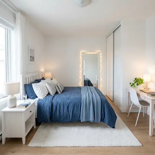 Serene Bedroom with Queen Size Bed and Calming Blue Comforter