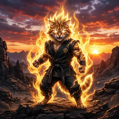 Energetic Martial Arts Cat in Golden Aura | Powerful Pose