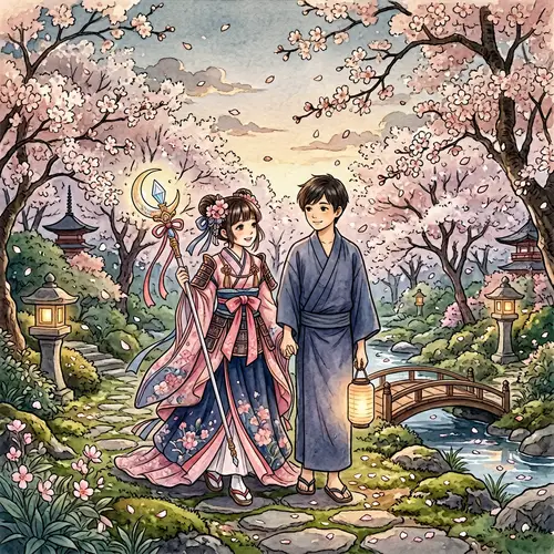 Magical Girl Sakura and Boy in Dreamy Cherry Blossom Garden