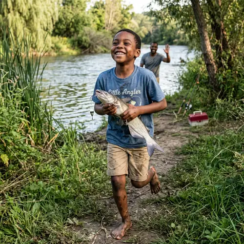Young Black Child Joyfully Sprinting with Freshly Caught Fish