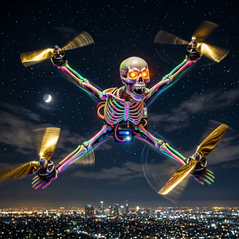 Fluorescent Skeleton Quadrotor Drone | Night Sky Flight