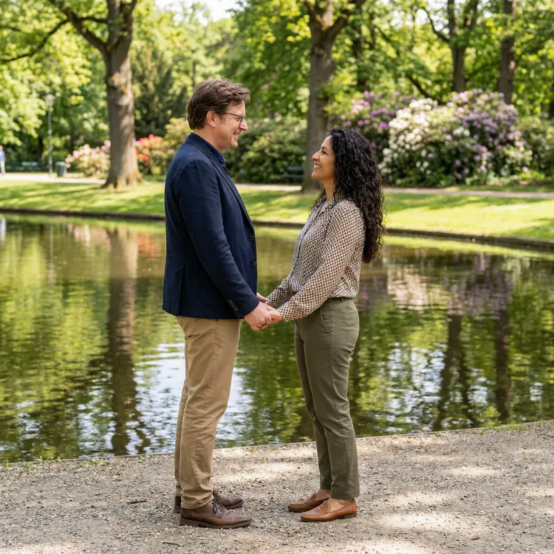 Happy Middle-Aged Man with Hispanic Wife Enjoying Serene Park Moment