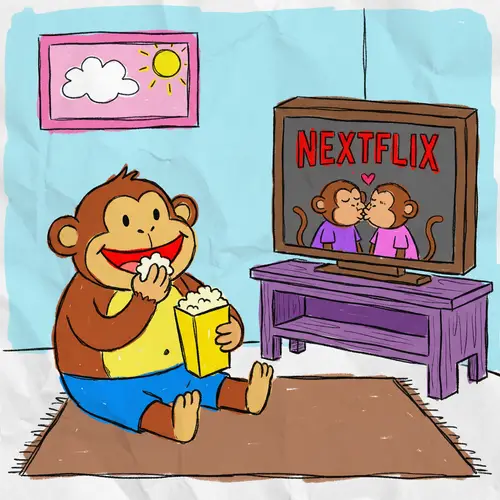 Cute Cartoon Monkey Enjoying Popcorn and TV Fun