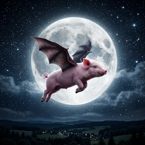 Pig Flying in Moon - Magical Scene of a Soaring Piglet