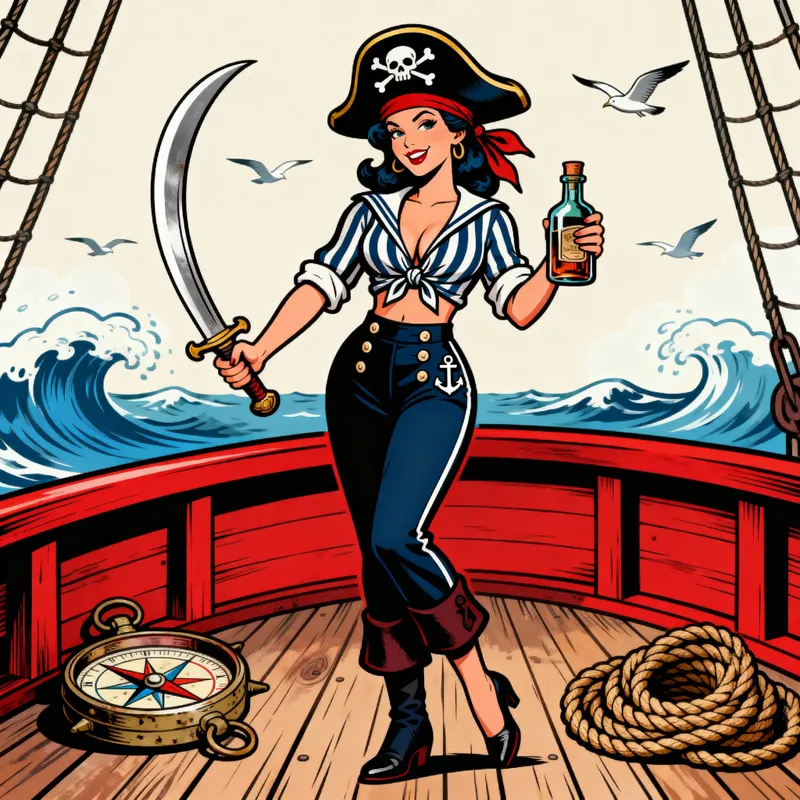 Old School Pin-Up Pirate Tattoo Design