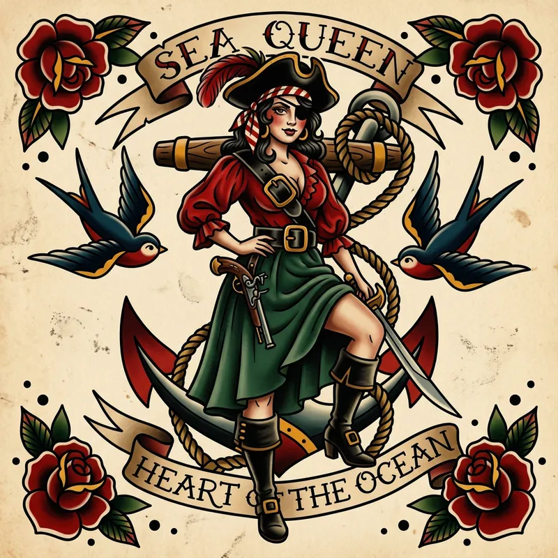 Old School Pin-Up Pirate Tattoo Design