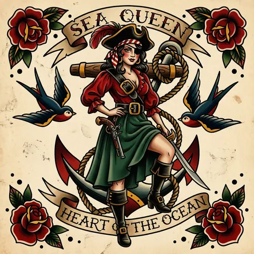 Old School Pin-Up Pirate Tattoo Design