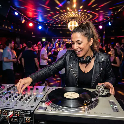 Enthused Middle-Eastern Female DJ Spinning Records | Nightclub Vibes
