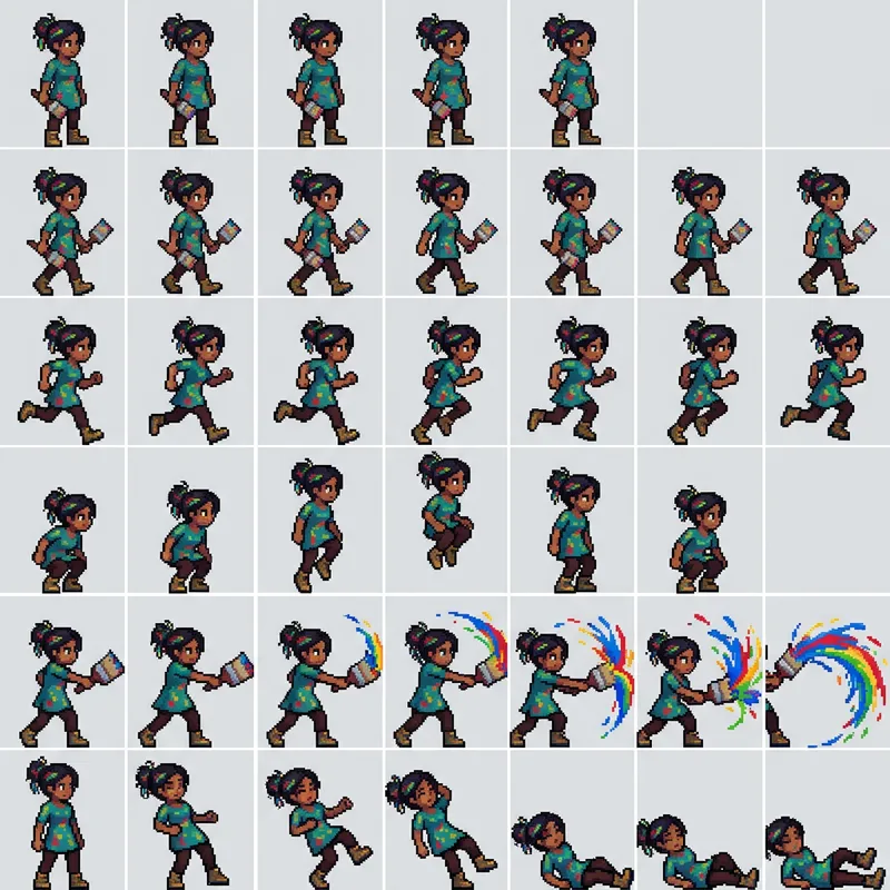 Female Artist Pixel Art Sprite Sheet | Paint Splash & Brush Weapon