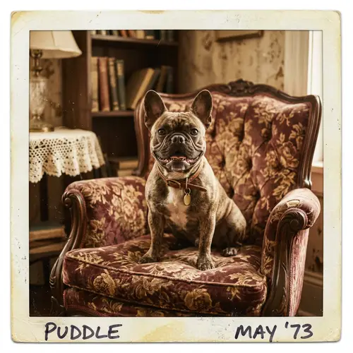 Playful French Bulldog on Vintage Armchair - Retro Pet Photography