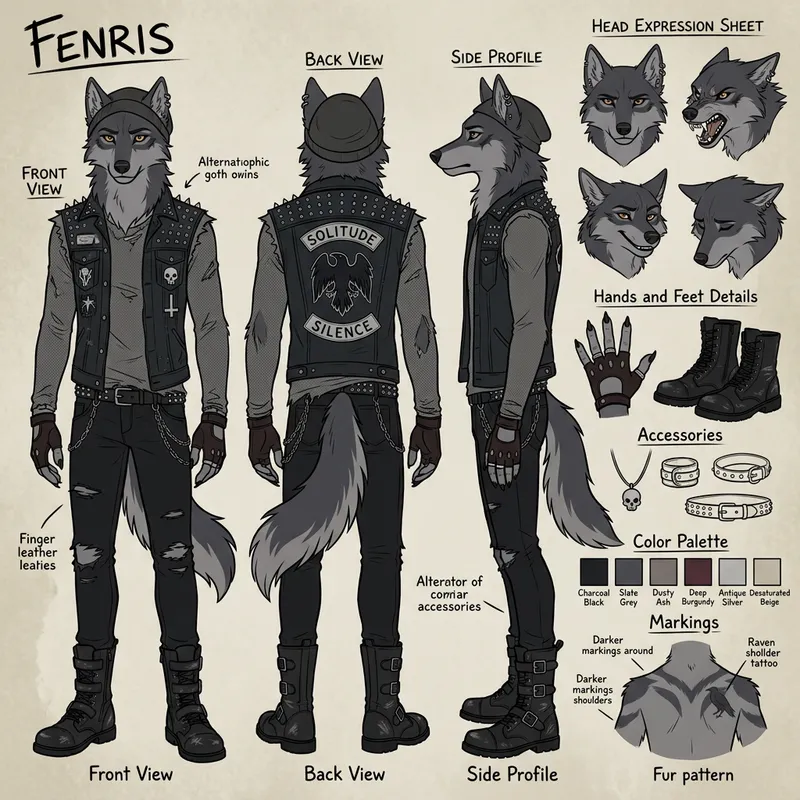 Detailed Wolf Reference Sheet | Alternative Goth Character Design Detailed Wolf Reference Sheet | Alternative Goth Character Design