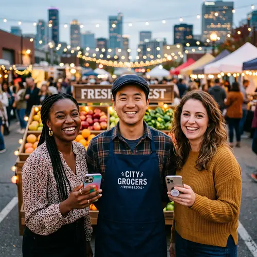 Smiling Grocer with Two Women | Festive Cityscape Background