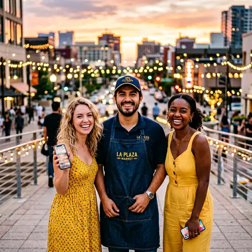 Smiling Hispanic Grocer with Two Women in Yellow Outfits