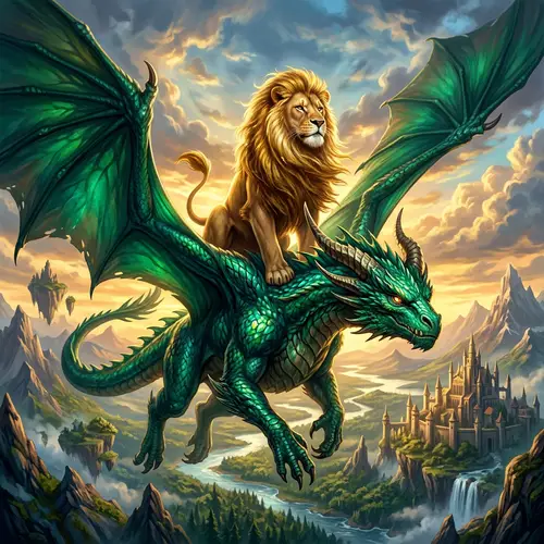 Majestic Lion Seated on Mighty Dragon | Fantasy Harmony
