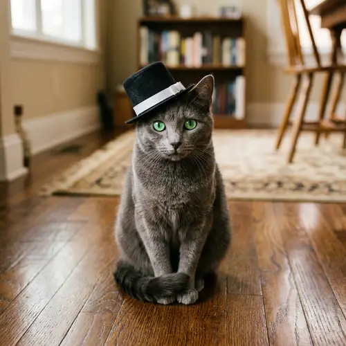 Gray Cat with Hat | Cute Cat Sitting on Wooden Floor