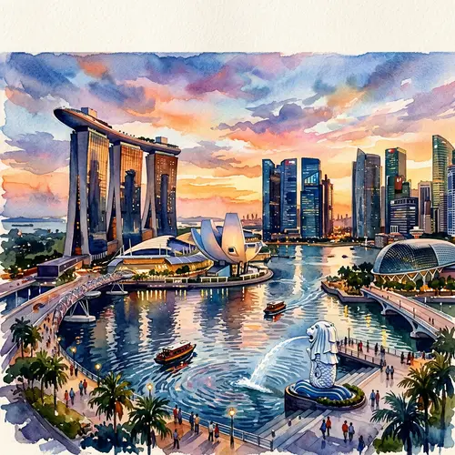 Vibrant Singapore Cityscape in Watercolor Style