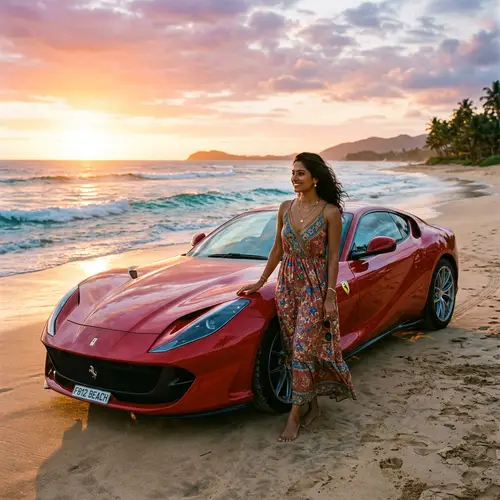 Photogenic South Asian Female with Ferrari 812 on Beach | Stunning Sunset Scene