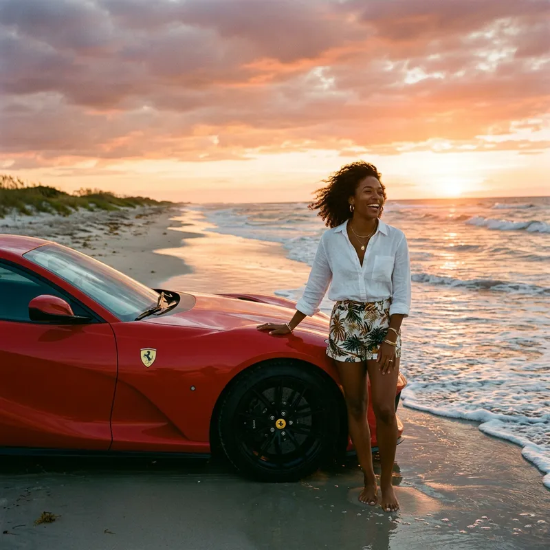 Stunning Woman with Ferrari 812 Enjoying Beach Sunset Stunning Woman with Ferrari 812 Enjoying Beach Sunset