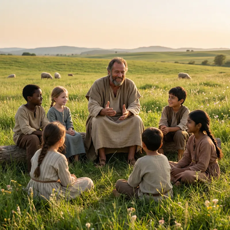 Serene Religious Figure Engaging with Diverse Children in Green Field