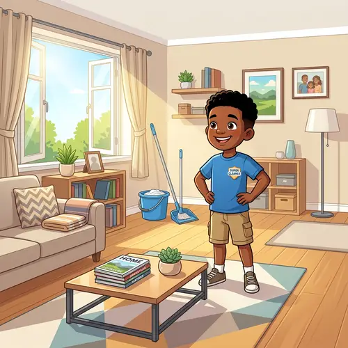 Happy African Boy Cleaning Room in Vector Illustration