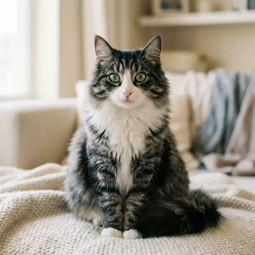 Adorable Domestic Cat with Fluffy Black, White, and Grey Fur