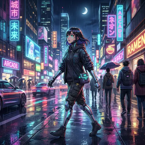 Cyborg Girl in Neon-Lit Metropolis at Night