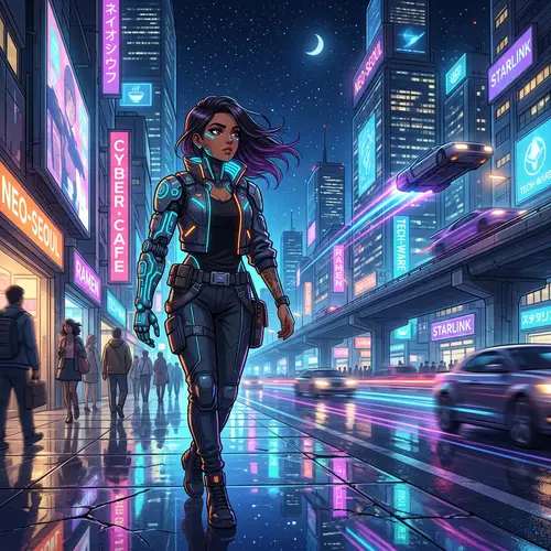 Cyborg Girl Walking in Futuristic City | Anime-Inspired Art