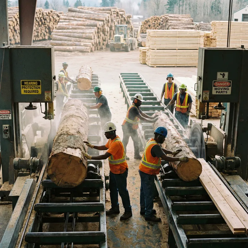 Sawmill Center | Diverse Workers & Heavy Machinery in Action