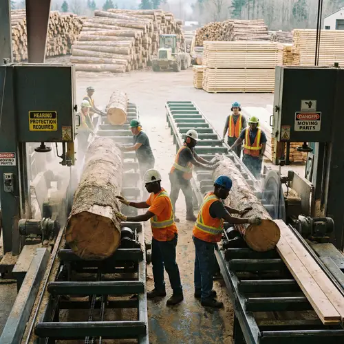 Industrial Sawmill Center with Diverse Workers and Machinery