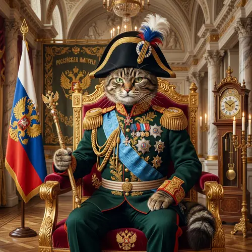 Regal Russian Empire General Cat on Throne