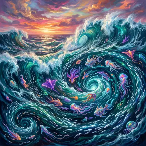 Abstract Ocean Adventure with Fantastical Sea Creatures