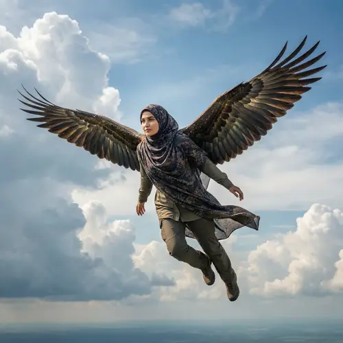 Middle-Eastern Woman Soaring with Wings in Cloudy Sky