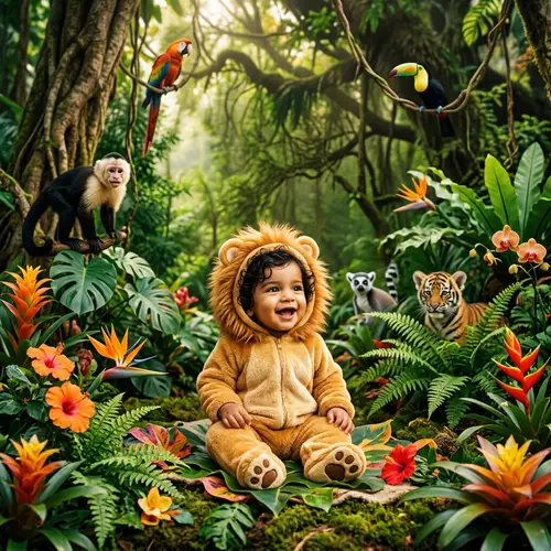 Curly Baby Boy in Lion Clothes - Enchanting Jungle Scene