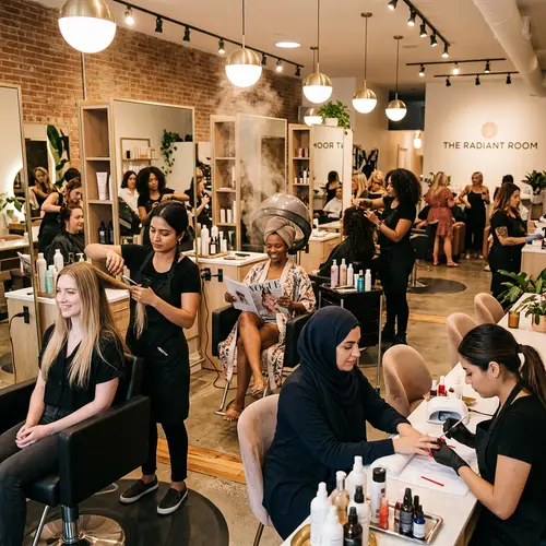 Diverse Beauty Salon Scene: Hair, Nails, and Fashion | Modern Stylish Interior