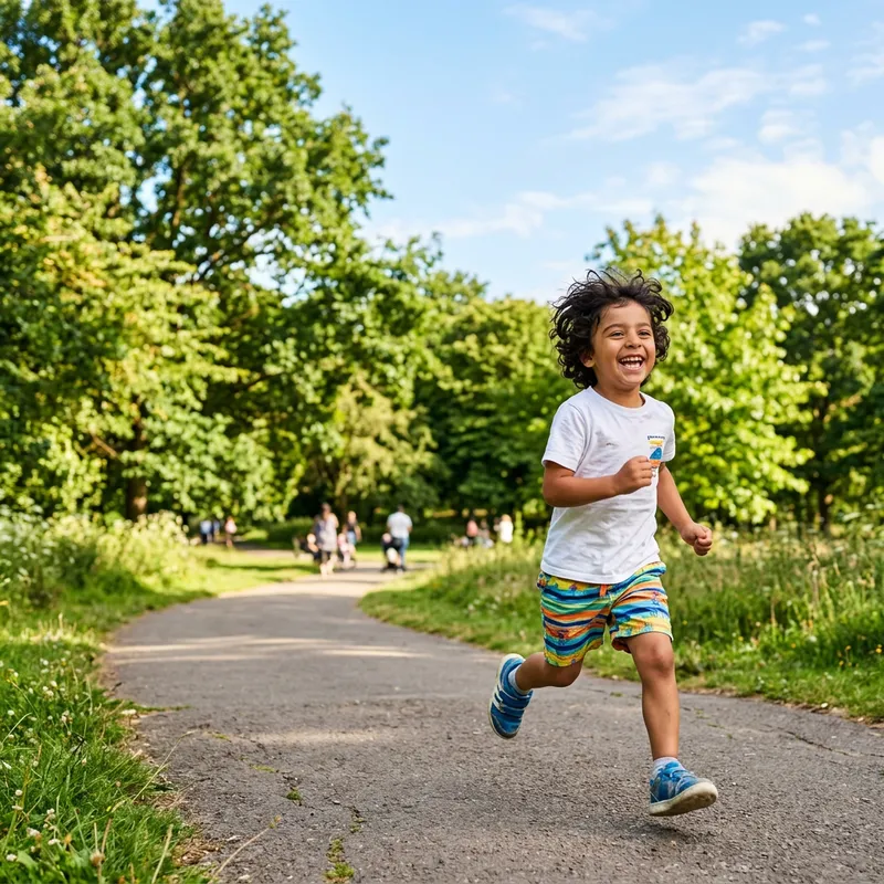 Happy Young Boy Running in Vibrant Park | Lively Child Playing Outdoors